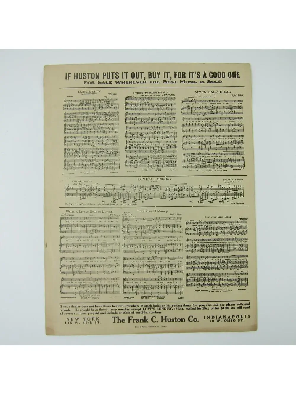 Sheet Music When Our Boys Come Home Again Frank C. Huston WWI Antique 1918